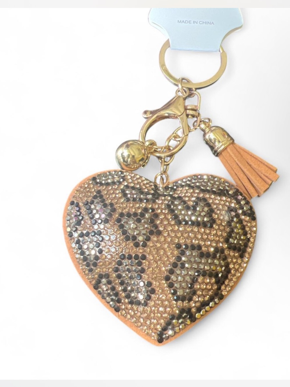 Leopard Heart Crystal Keychain and Bag Charm with Tassel - Gold and Tan